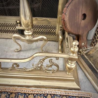 Vintage brass fireplace bumper, andirons and tools