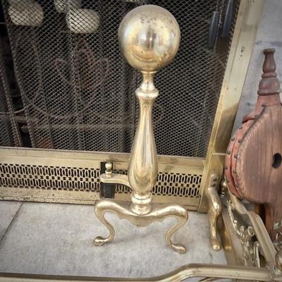 Vintage brass fireplace bumper, andirons and tools