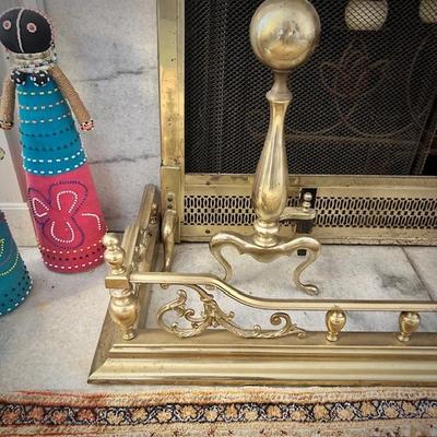 Vintage brass fireplace bumper, andirons and tools