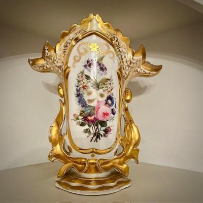 One of two antique French Old Paris porcelain hand-painted vases