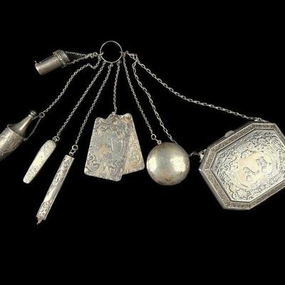 Antique Victorian Chatelaine With Attachments Sterling Silver Purse Knife Pencil Perfume Note Book
