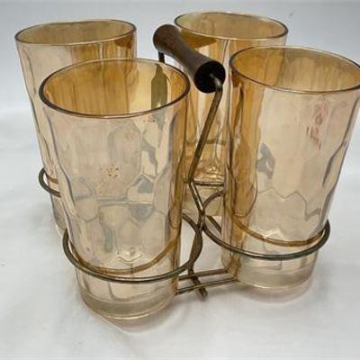 Lot 032   
Midcentury Glass Caddy with Carnival Glass Drinkware