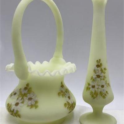 Lot 106   
Rare - Signed Fenton Art Glass Basket & Vase