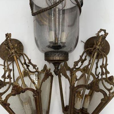 Vintage Brass-Colored Hanging Light Fixture Trio