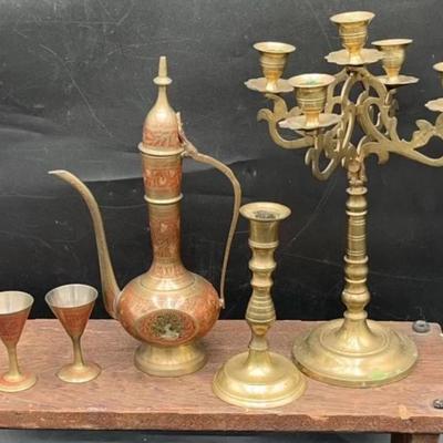 Vintage pitcher etched engraved with two small goblets. 
Candelabra and candlestick