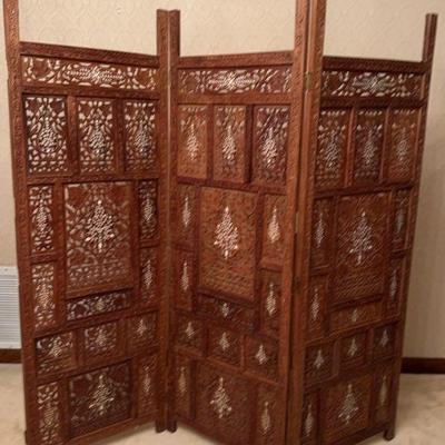 Vintage Pierced-Carved Inlaid Teak 3-Panel Room Divider