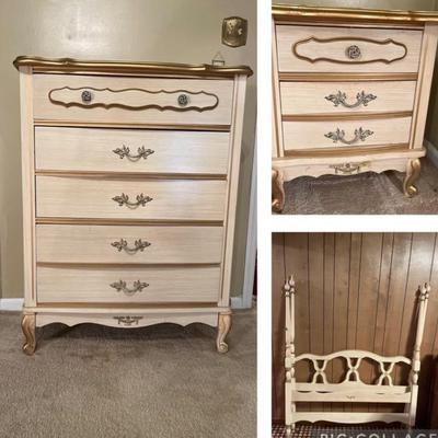 Vintage Hollywood Regency Dresser, Nightstand & Headboard