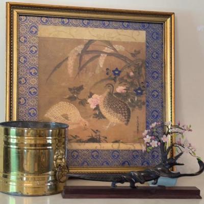 Tosa Mitsuoki “Quail Birds & Flowers” Framed Lithograph W/Adian Accents 4pcs