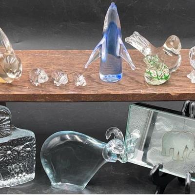 Glass animals owls,rabbit, birds, pigs, elephant, penguin and goat figurines