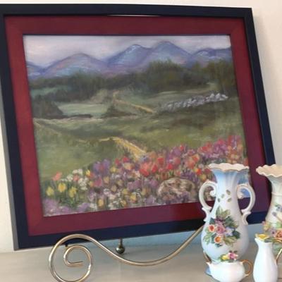 Mountain Scene Pastel Painting By Pat Hearn W/Ceramic Bud Vase By Lefton 5pcs.
