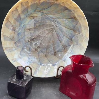 Decorative iridescent large plate with metal display 16x16
Ruby Red Blenko glass