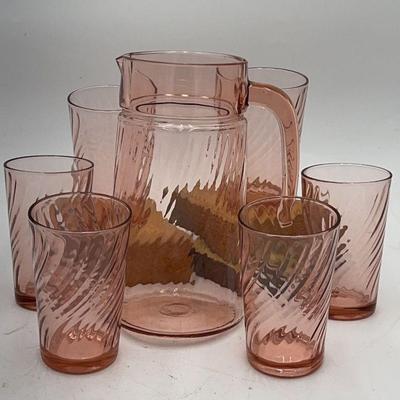 Vintage Pink Swirl Pitcher And Glass Set