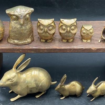 Brass animal figurines: three rabbits, four owls, frog and Quail