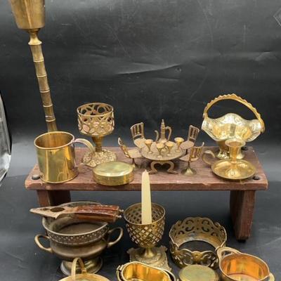 brass decorations including candle holders, basket, egg, nesting bowls, vintage brass doll house table 4 chairs, 4 cups and coffee pot