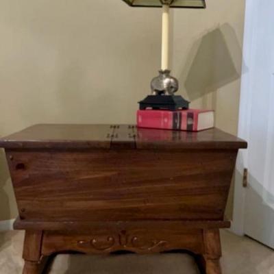 Vintage dough box accent side end table
vintage elephant candlestick lamp  and book.