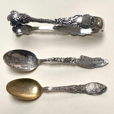 Gorham sterling Marie Antoinette sugar tongs and 2 sterling souvenir spoons