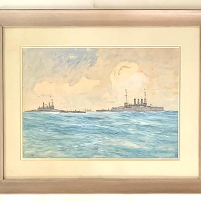Carlton T. Chapman (1860-1925) watercolor depicting The Indiana and The New York flanked and guarded by Torpedo boats and Cruisers. Image...