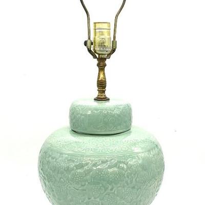 Celadon ginger jar table lamp 23 1/2” to finial top