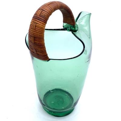 Mid Century Italian blown pitcher w/ woven rattan handle