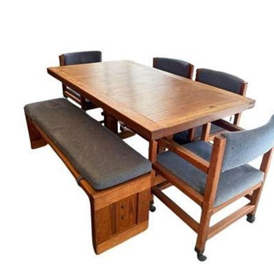 Lot 040-228   22 Bid(s)
Oak Trestle Dining Table Upholstered Chairs and Bench