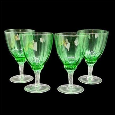 Lot 108   
Hand Blown Green Crystal and Optic Stem Wine Glasses