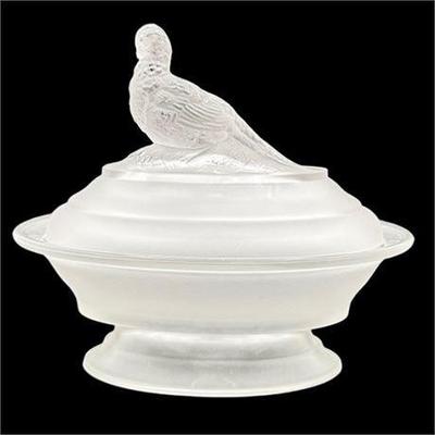 Lot 086   
Vintage Imperial Glass Frosted Covered Candy Dish: Pheasant on a Nest