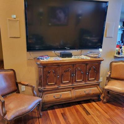 AICO Michael Amini Buffet and two leather accent chairs