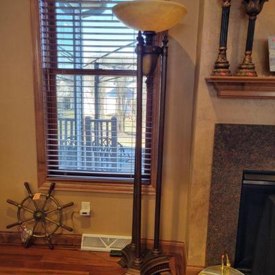 Brass ships wheel and lovely floor lamp