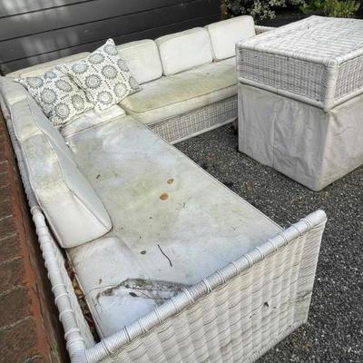 OUTDOOR SERENA AND LILLY WICKER SECTIONAL AND OTTOMAN. WASHES UP GREAT! 9" EACH SIDE-OTTOMAN 32" SQUARE