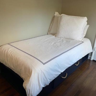 2 MATCHING POTTERY BARN TWIN BEDS-INCLUDING SHEETS, DUVET.