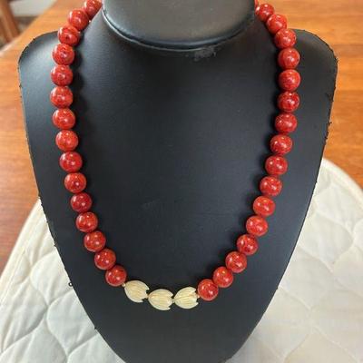 BAP508 - Beautiful Myrna Lee Chang Red Sea Bamboo Coral & Pikake Necklace
