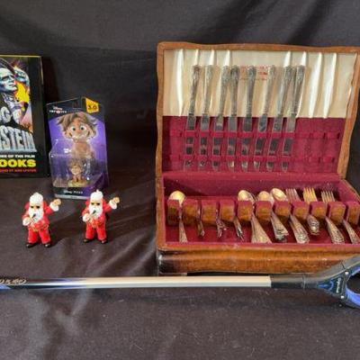 1847 Rogers Bros Silverplate- Not Full Set, Elvis Ornaments, Disney “spot” toy Mel Gibson Book