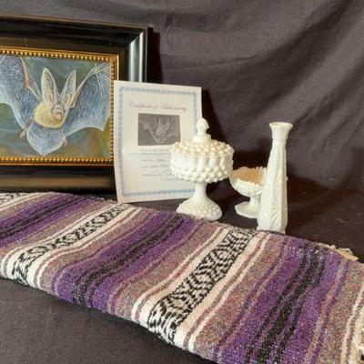 16x18 Framed/Numbered Bat Giclee, Woven Throw, Milk Glass Collection