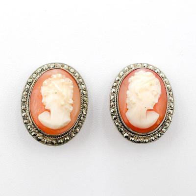Peach Lucite & Marcasite Cameo Clip-On Earrings