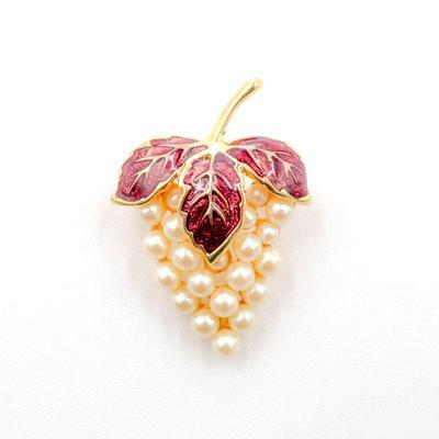 Pearl Grape Cluster w/Red Enameled Leaves Pin