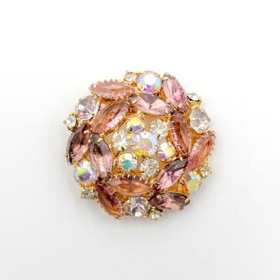 Large Brooch w/Pale Pink, Clear & Iridescent Faceted Gemstones