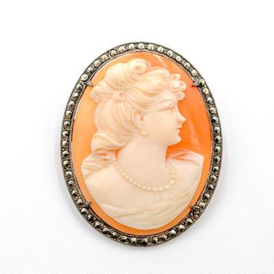 Peach Lucite & Marcasite Cameo Brooch