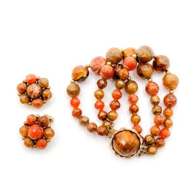 Kramer Chunky Triple Stranded Marbled Lucite Bracelet & Matching Earrings