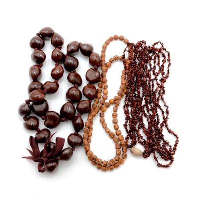 Kukui Nut, Wood Beads & Apple Seed Necklaces (Lot of 3)