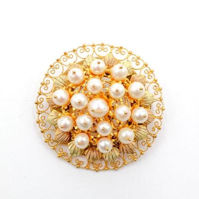 Vintage Pearl & Gold-Tone Filigree Brooch