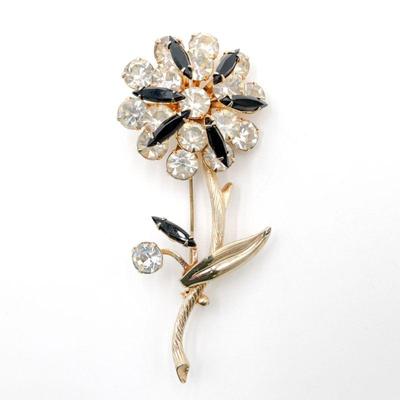 Large Faceted Clear & Black Rhinestone Flower Brooch