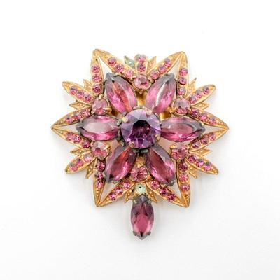Large Dark Purple Faceted Rhinestone Flower Clip-On Brooch