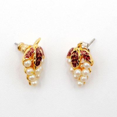 Pearl Grape Clusters w/Red Enameled Leaves Earrings