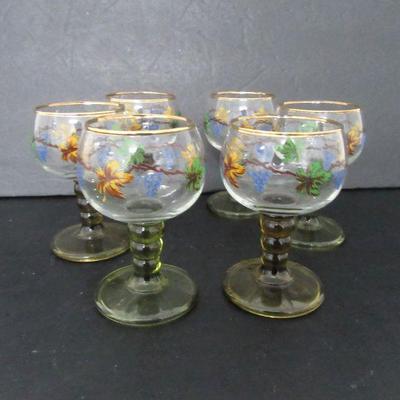 Vintage Set of 6 Hand Painted Grape Pattern Bohemian Crystal Römer Glasses