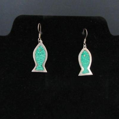 Sterling Made in Mexico Fish Earrings with Turquoise Inlay - TW 8.8g