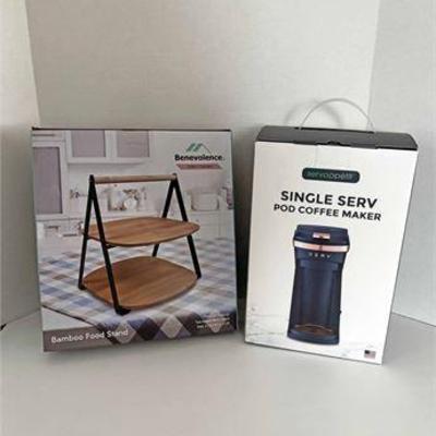 New in Boxes SIngle Serve Pod Coffee Maker & Bamboo Food Stand .jpg