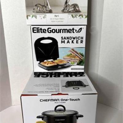 New in Box Chefman Rice Cooker, Sandwich Maker & Pier One S&P Set .jpg