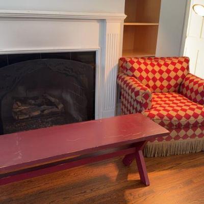 Iron Fireplace Screen, Club Chair, Wood Coffee Table/Bench (red)
