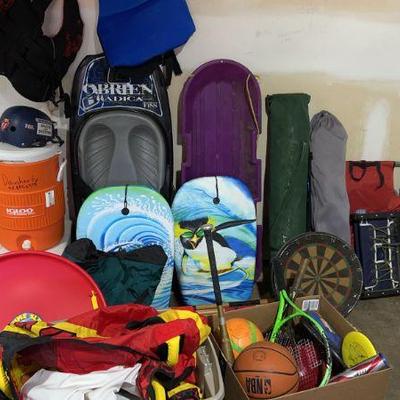 Mystery Lot Of Outdoor FUN! Life jackets, coolers, sports equipment, boogie boards, knee board, sled
