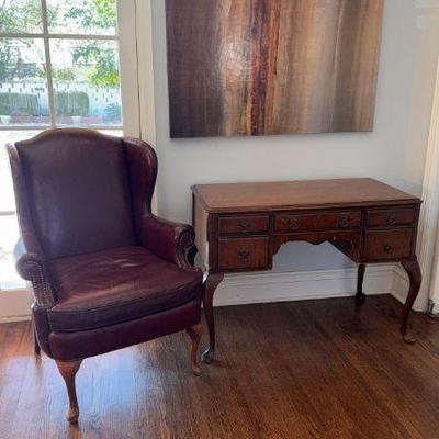 Leather Wingback Chair, Antique Desk And Art On Canvas- See Dimensions In Description
